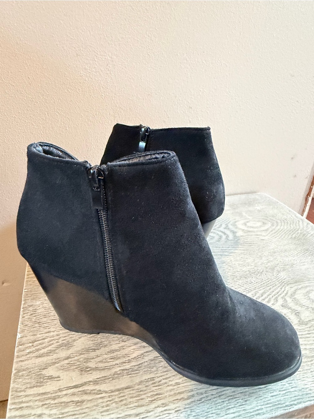 Black Suede Wedge Ankle Bootie - Women's